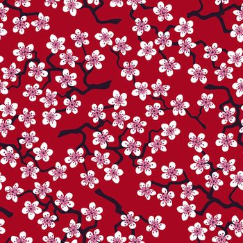 Seamless pattern with blossoming Japanese cherry sakura branches for fabric,packaging,wallpaper,textile decor,design, invitations,print, gift wrap, manufacturing. Pink flowers on terracotta background