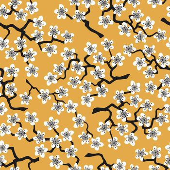 Seamless pattern with blossoming Japanese cherry sakura branches for fabric,packaging, wallpaper,textile decor, design, invitations,print, gift wrap, manufacturing. White flowers on mustard background