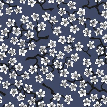 Seamless pattern with blossoming Japanese cherry sakura branches for fabric,packaging,wallpaper,textile decor,design, invitations,print, gift wrap, manufacturing.White flowers on slate grey background