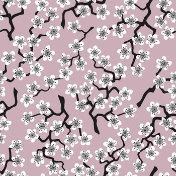 Seamless pattern with blossoming Japanese cherry sakura branches for fabric,packaging,wallpaper,textile decor,design, invitations,print, gift wrap, manufacturing.White flowers on rosy brown background