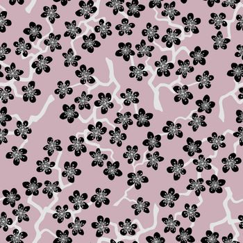Seamless pattern with blossoming Japanese cherry sakura branches for fabric,packaging, wallpaper, textile decor, design, invitations, print, gift wrap, manufacturing. Black flowers on cofee background