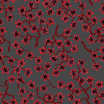 Seamless pattern with blossoming Japanese cherry sakura branches for fabric,packaging,wallpaper, textile decor, design, invitations, gift wrap, manufacturing. Terracotta flowers on dim grey background
