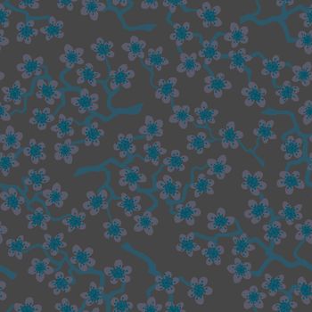 Seamless pattern with blossoming Japanese cherry sakura branches for fabric,packaging,wallpaper,textile decor,design, invitations,gift wrap,manufacturing.Pink,Turquoise flowers on dim grey background