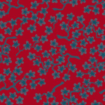 Seamless pattern with blossoming Japanese cherry sakura branches for fabric,packaging,wallpaper, textile decor, design, invitations, print, gift wrap, manufacturing. Dim gray flowers on red background