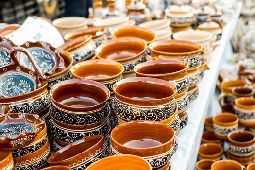 Sibiu City, Romania - 06 September 2020. Traditional Romanian handmade ceramics market at the potters fair from Sibiu, Romania