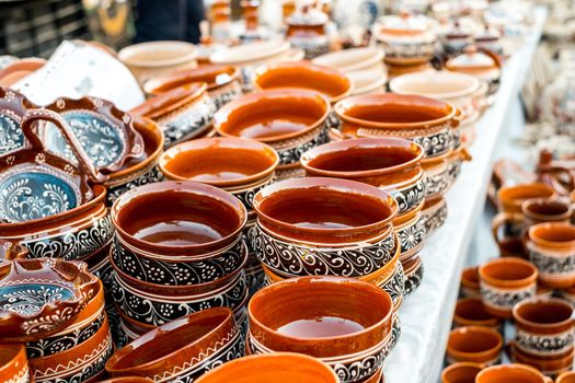 Sibiu City, Romania - 06 September 2020. Traditional Romanian handmade ceramics market at the potters fair from Sibiu, Romania