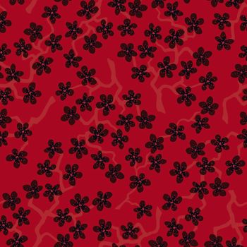 Seamless pattern with blossoming Japanese cherry sakura branches for fabric, packaging, wallpaper, textile decor, design, invitations, print, gift wrap, manufacturing. Black flowers on red background
