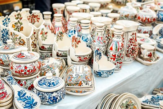 Sibiu City, Romania - 06 September 2020. Traditional Romanian handmade ceramics market at the potters fair from Sibiu, Romania