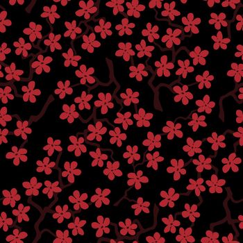 Seamless pattern with blossoming Japanese cherry sakura branches for fabric,packaging,wallpaper,textile decor,design, invitations,print, gift wrap, manufacturing.Terracotta flowers on black background