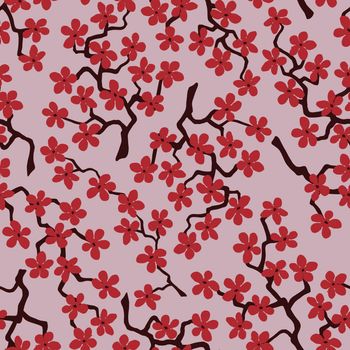 Seamless pattern with blossoming Japanese cherry sakura branches for fabric,packaging,wallpaper,textile,design, invitations,print, gift wrap, manufacturing.Terracotta flowers on rosy brown background