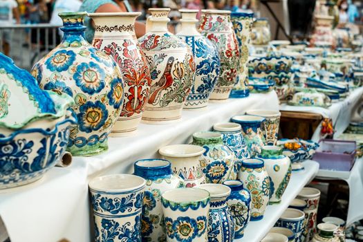 Sibiu City, Romania - 06 September 2020. Traditional Romanian handmade ceramics market at the potters fair from Sibiu, Romania