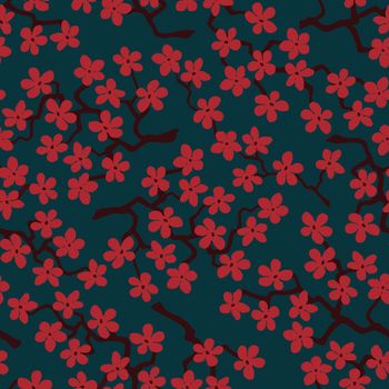 Seamless pattern with blossoming Japanese cherry sakura branches for fabric,packaging, wallpaper, textile, design, invitations, gift wrap, manufacturing.Terracotta flowers on dark sea green background