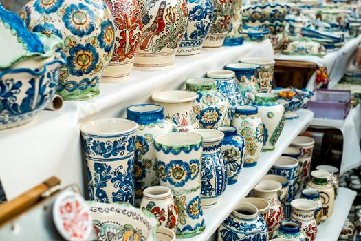 Sibiu City, Romania - 06 September 2020. Traditional Romanian handmade ceramics market at the potters fair from Sibiu, Romania