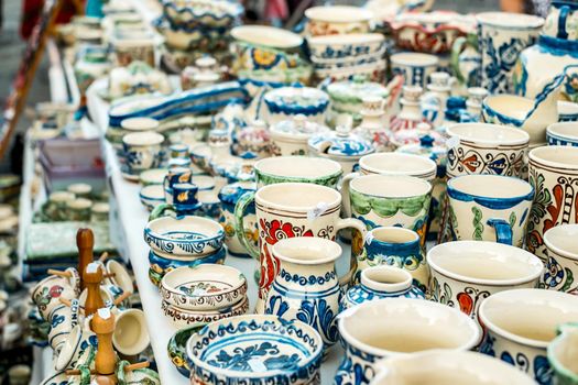 Sibiu City, Romania - 06 September 2020. Traditional Romanian handmade ceramics market at the potters fair from Sibiu, Romania