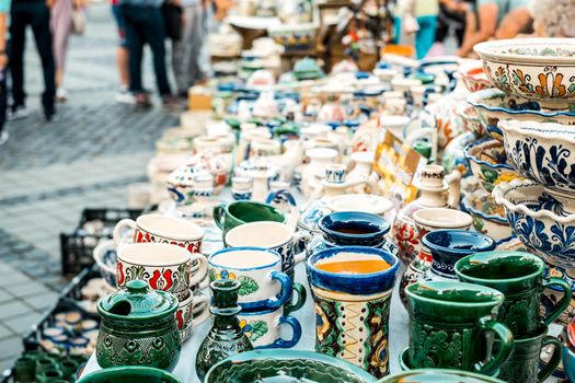 Sibiu City, Romania - 06 September 2020. Traditional Romanian handmade ceramics market at the potters fair from Sibiu, Romania