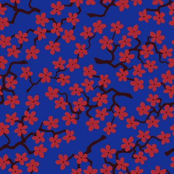 Seamless pattern with blossoming Japanese cherry sakura branches for fabric, packaging, wallpaper, textile decor, design, invitations, print, gift wrap, manufacturing. Red flowers on blue background