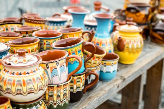 Sibiu City, Romania - 06 September 2020. Traditional Romanian handmade ceramics market at the potters fair from Sibiu, Romania