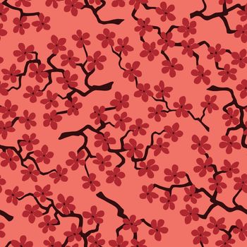 Seamless pattern with blossoming Japanese cherry sakura branches for fabric,packaging,wallpaper,textile decor,design, invitations,print, gift wrap, manufacturing.Terracotta flowers on coral background