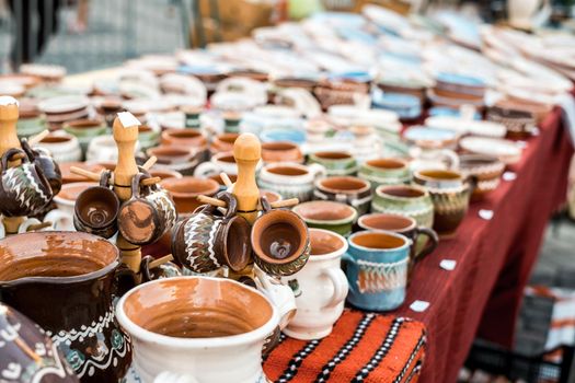 Sibiu City, Romania - 06 September 2020. Traditional Romanian handmade ceramics market at the potters fair from Sibiu, Romania