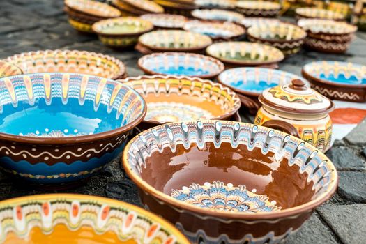 Sibiu City, Romania - 06 September 2020. Traditional Romanian handmade ceramics market at the potters fair from Sibiu, Romania