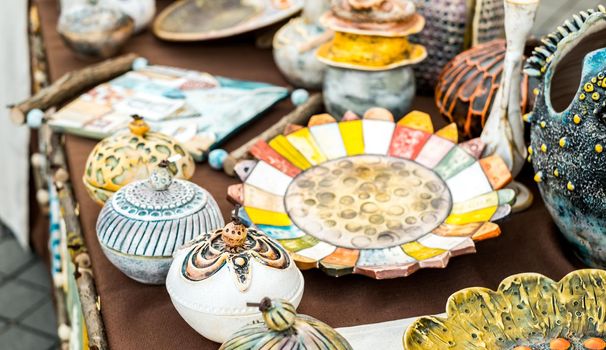 Sibiu City, Romania - 06 September 2020. Traditional Romanian handmade ceramics market at the potters fair from Sibiu, Romania