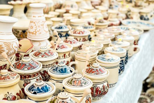 Sibiu City, Romania - 06 September 2020. Traditional Romanian handmade ceramics market at the potters fair from Sibiu, Romania