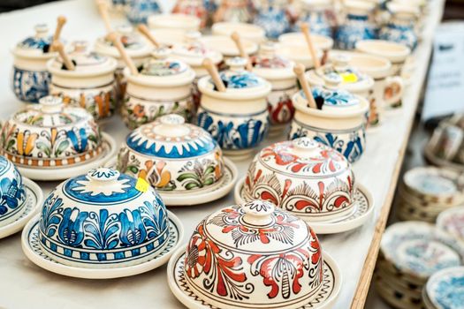 Sibiu City, Romania - 06 September 2020. Traditional Romanian handmade ceramics market at the potters fair from Sibiu, Romania