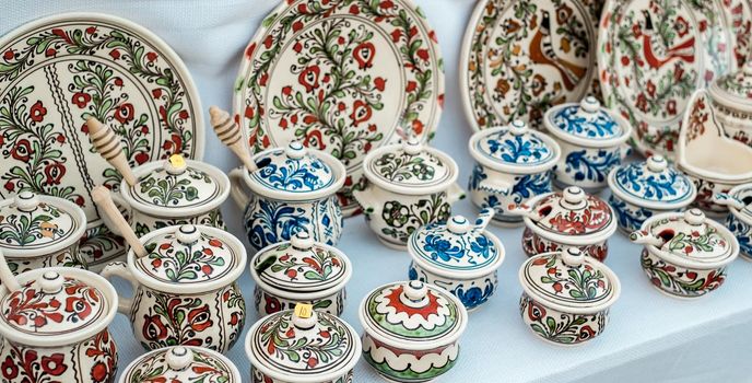 Sibiu City, Romania - 06 September 2020. Traditional Romanian handmade ceramics market at the potters fair from Sibiu, Romania