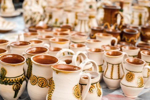 Sibiu City, Romania - 06 September 2020. Traditional Romanian handmade ceramics market at the potters fair from Sibiu, Romania