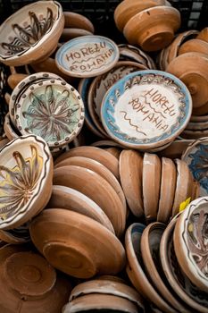 Sibiu City, Romania - 06 September 2020. Traditional Romanian handmade ceramics market at the potters fair from Sibiu, Romania