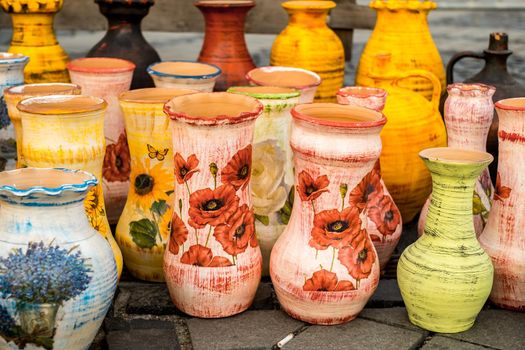 Sibiu City, Romania - 06 September 2020. Traditional Romanian handmade ceramics market at the potters fair from Sibiu, Romania