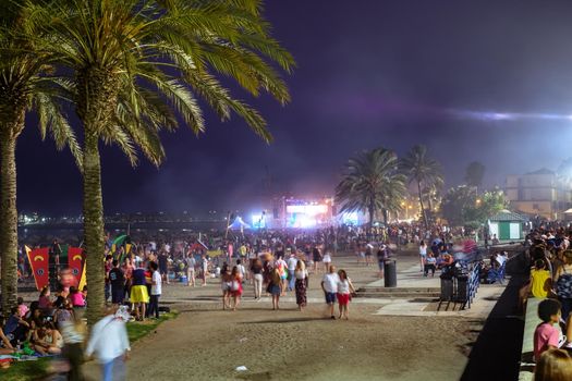 Malaga, Spain - June 23, 2018.  Saint John night celebrations on the Malagueta beach in Malaga, Spain