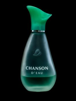 Sibiu City, Romania - 11 May 2020. a bottle of Chanson D'eau, eau de toilette for Women, almost empty on black background