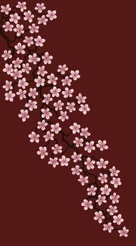 Vertical Floral greeting card with beautiful pink blossom flowers branch Sakura.Burgundy colors Background with copy space on Cherry Twig In Bloom.Postcard good for wedding invitation,Mother,Women day