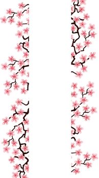 Vertical Floral greeting card with beautiful pink blossom flowers branch Sakura. White colors Background with copy space on Cherry Twig In Bloom. Postcard good for wedding invitation,Mother,Women day.