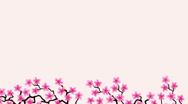 Banner with blossom sakura flowers.Floral wedding invitation card template design. Light pink background of summer fuchsia blooming sakura branch decoration, copy space. Postcard Mother, Women day.