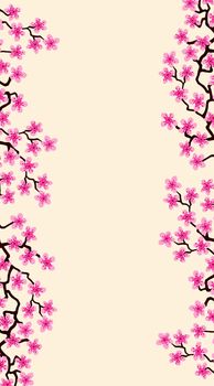 Vertical banner with blossom sakura flowers.Floral wedding invitation card template design. Pink background of summer fuchsia blooming sakura branch decoration, copy space. Postcard Mother, Women day