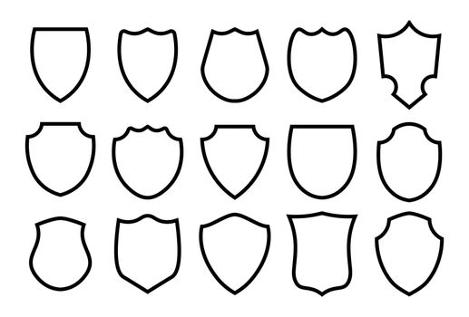 Military or heraldic shield and coat of arms blank icons. Police badge outline set.