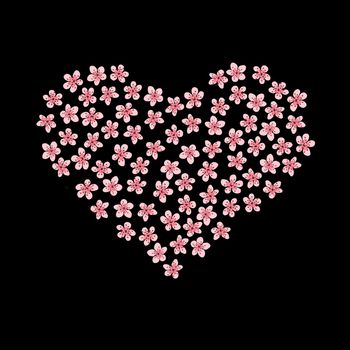 Modern Business card Design Template with heart made of pink sakura flowers decoration on black background. Template of premium gift voucher, discount coupon, Greeting card, packing. Copy space text