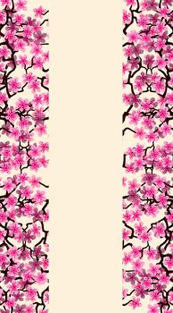 Vertical Floral greeting banner with beautiful pink blossom flowers branch Sakura. Pink colors Background with copy space on Cherry Twig In Bloom. Postcard good for wedding invitation,Mother,Women day