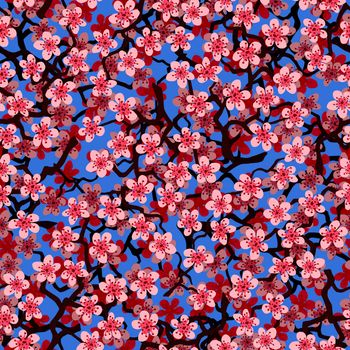 Seamless pattern with blossoming Japanese cherry sakura branches for fabric, packaging, wallpaper, textile decor, design, invitations, print, gift wrap, manufacturing. Pink flowers on cyan background