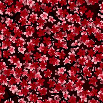 Seamless pattern with blossoming Japanese cherry sakura branches for fabric,packaging,wallpaper,textile decor,design, invitations,print,gift wrap,manufacturing. Pink, red flowers on black background