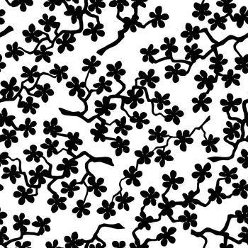 Seamless pattern with blossoming Japanese cherry sakura branches for fabric,packaging, wallpaper, textile decor, design, invitations, print, gift wrap, manufacturing. Black flowers on white background