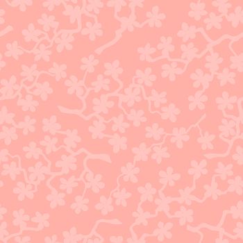 Seamless pattern with blossoming Japanese cherry sakura branches for fabric, packaging, wallpaper, textile decor, design, invitations, print, gift wrap, manufacturing. Pink flowers on coral background