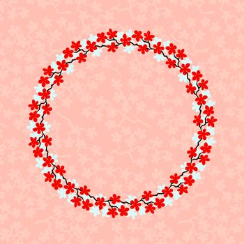 Colorful flowers wreath. Delicate wreath of sakura branches. Flowers blossom hand drawn, circle frame of red and white colors flowers on orange red background. For wedding invitation, greeting cards