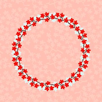 Colorful flowers wreath. Delicate wreath of sakura branches. Flowers blossom hand drawn, circle frame of red and white colors flowers on orange red background. For wedding invitation, greeting cards