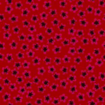 Seamless pattern with blossoming Japanese cherry sakura for fabric, packaging, wallpaper, textile decor, design, invitations, print, gift wrap, manufacturing. Fuchsia flowers on red background