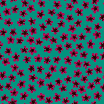 Seamless pattern with blossoming Japanese cherry sakura for fabric, packaging, wallpaper, textile decor, design, invitations, print, gift wrap, manufacturing. Fuchsia flowers on sea green background