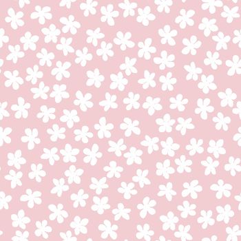 Seamless pattern with blossoming Japanese cherry sakura for fabric, packaging, wallpaper, textile decor, design, invitations, print, gift wrap, manufacturing. White flowers on pink background