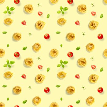 Seamless pattern from Italian tagliatelle pasta. raw pasta fettuccine, pop art background, flat lay. Italian raw nest pasta isolated on yellow.